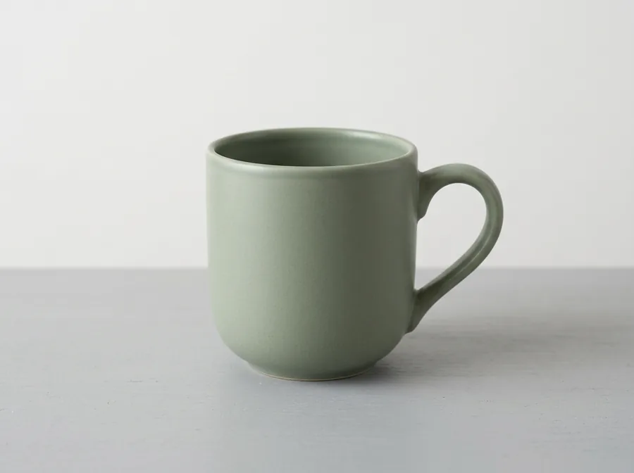 AI 生成的参考图：无品牌的鼠尾草绿色陶瓷杯，放在简洁灰色台面上。